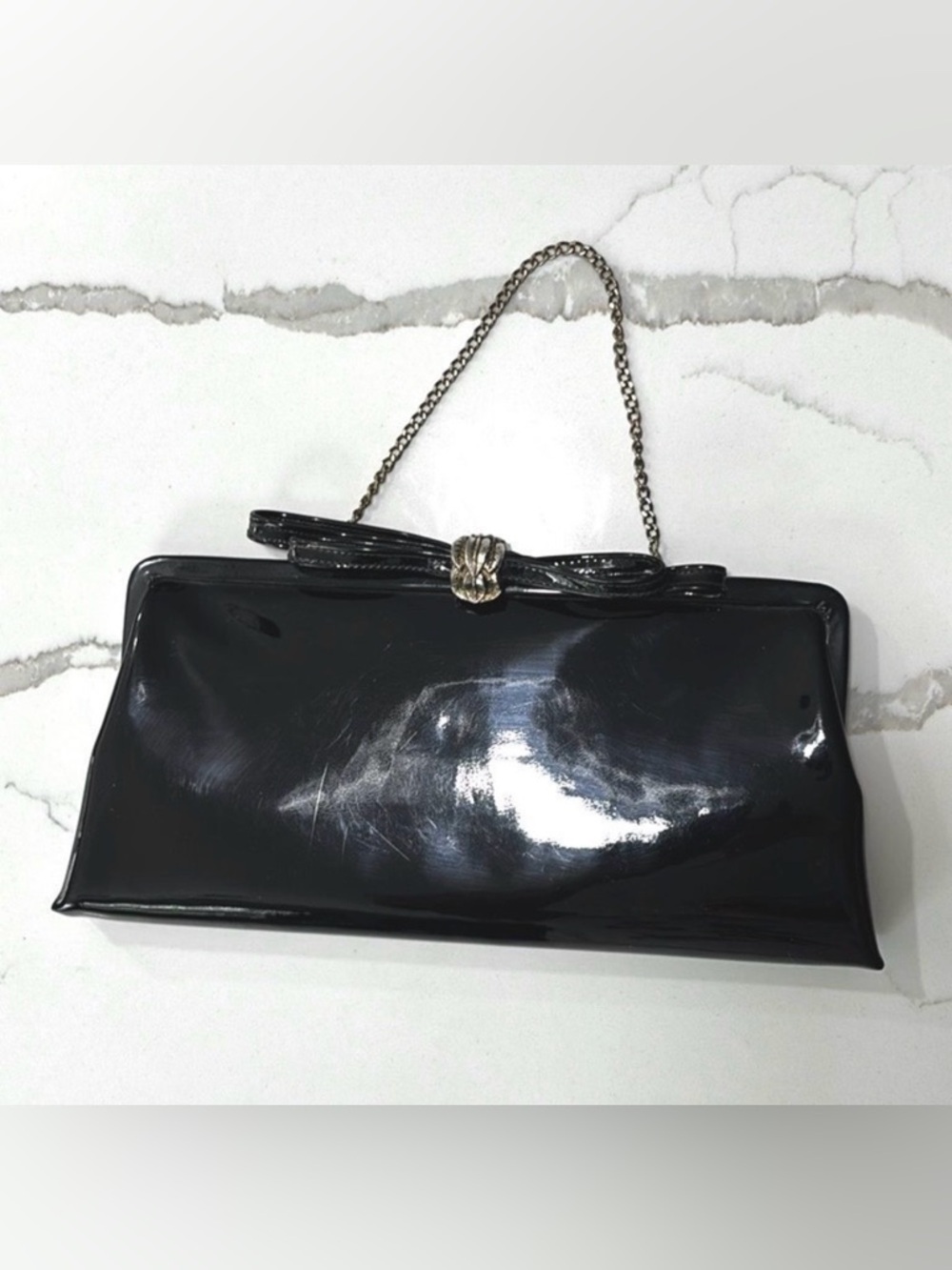 After Five | Vintage Black Patent Leather Clutch Silver Brass Hardware V…